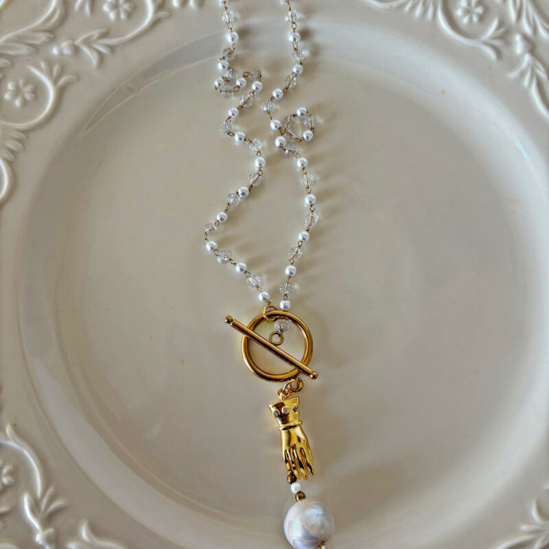 Glove with fresh water pearl necklace