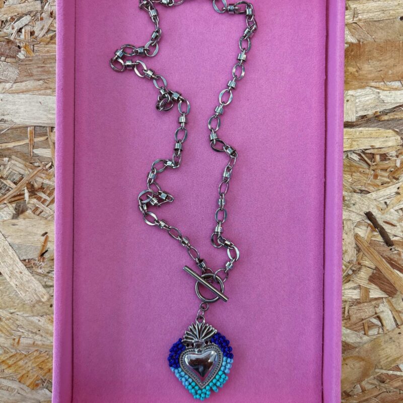 Blue crochet beaded heart necklace